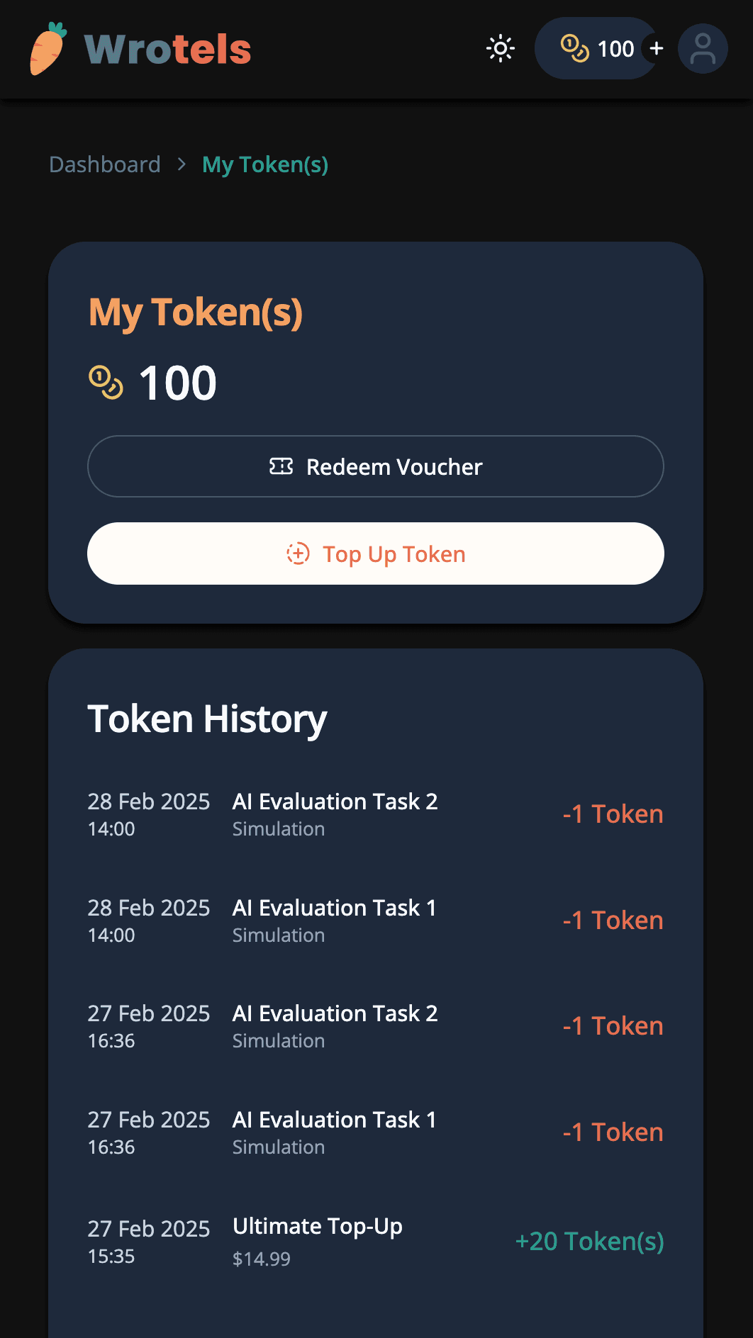 Top up Token(s) Page