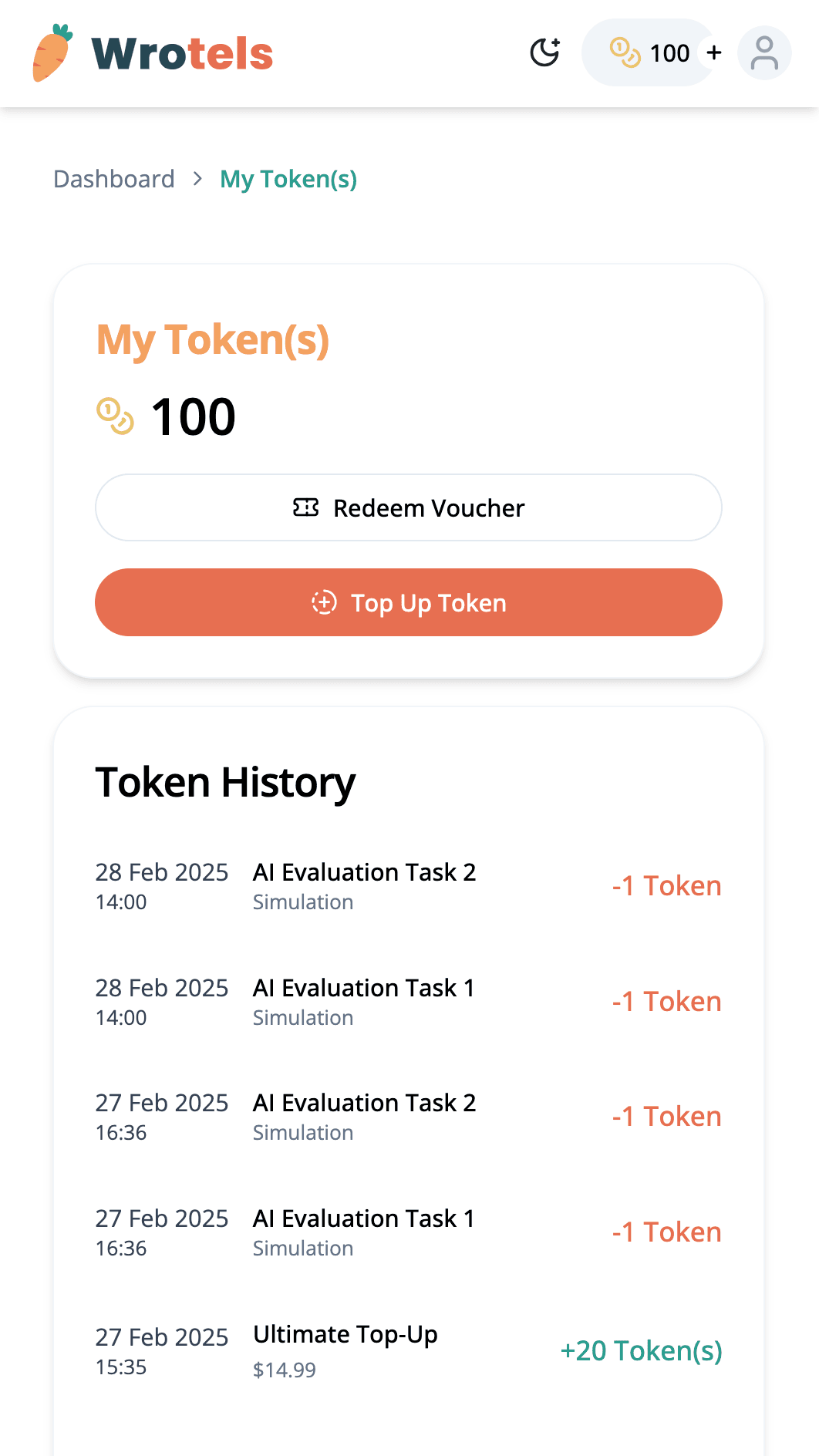 Top up Token(s) Page